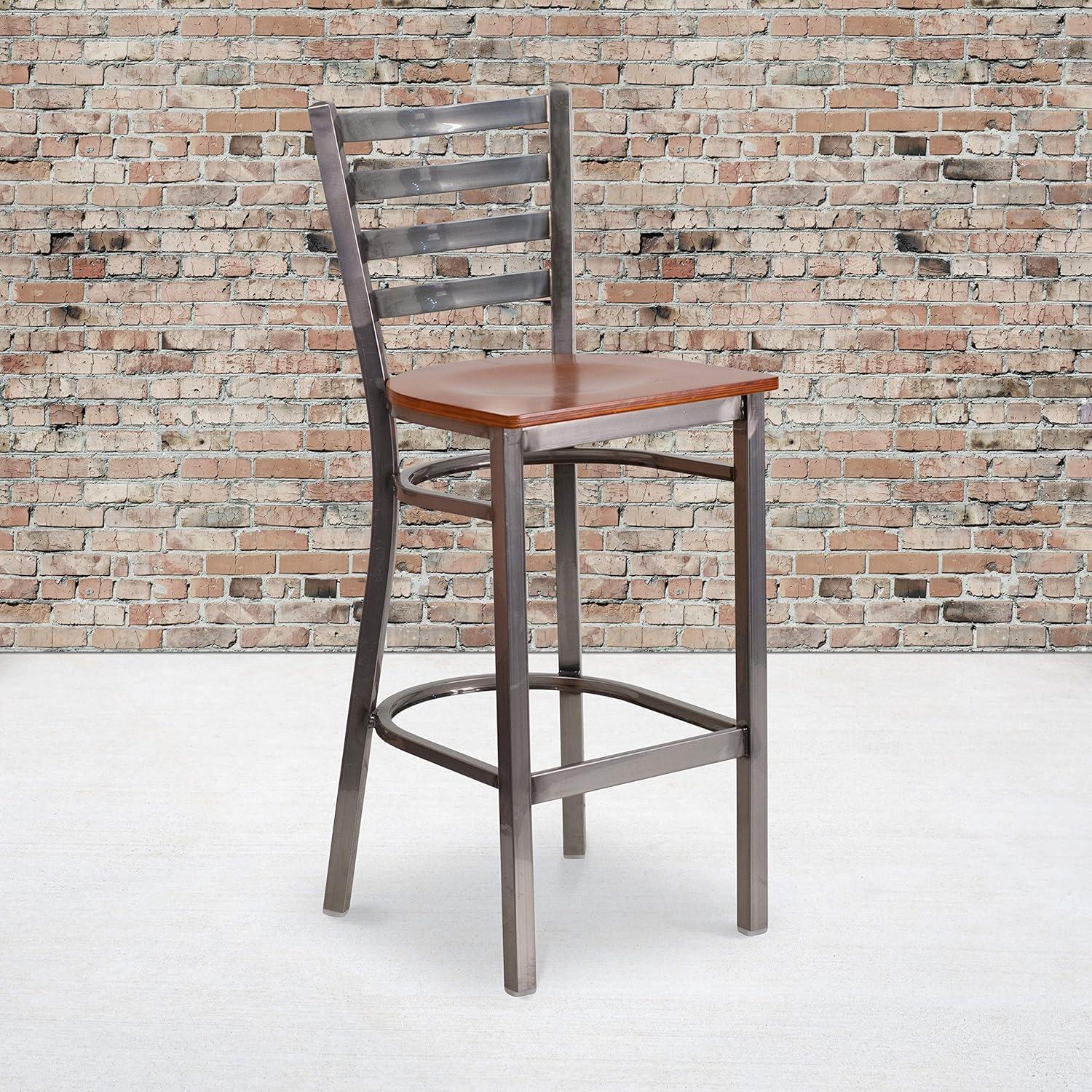 image:imageFlash Furniture 2 Pack HERCULES Series Silver Antique Finish with Clear Coat Ladder Back Metal Restaurant Barstool Walnut Wood SeatCherry Wood SeatClear Coated Metal Frame