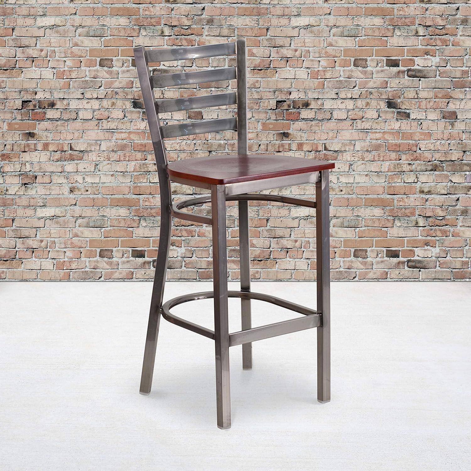 image:imageFlash Furniture 2 Pack HERCULES Series Silver Antique Finish with Clear Coat Ladder Back Metal Restaurant Barstool Walnut Wood SeatMahogany Wood SeatClear Coated Metal Frame