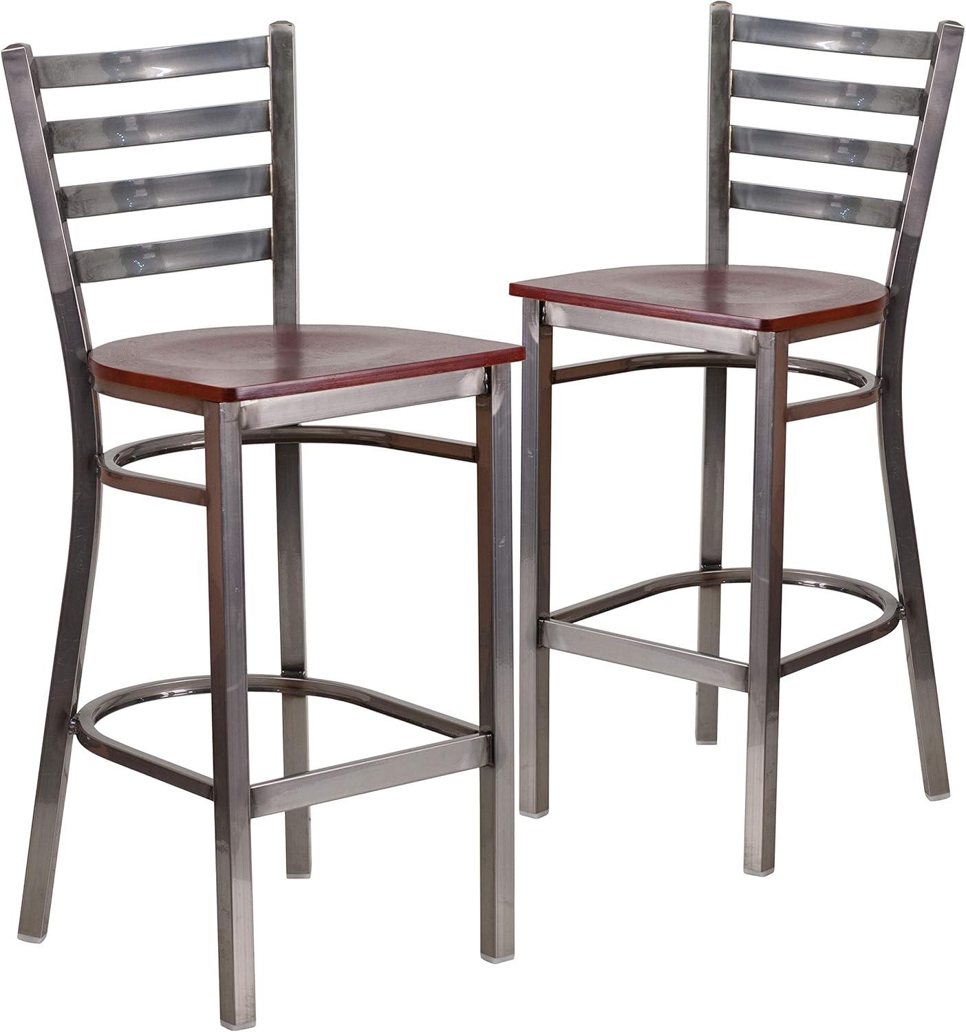 image:imageFlash Furniture 2 Pack HERCULES Series Silver Antique Finish with Clear Coat Ladder Back Metal Restaurant Barstool Walnut Wood SeatMahogany Wood SeatClear Coated Metal Frame