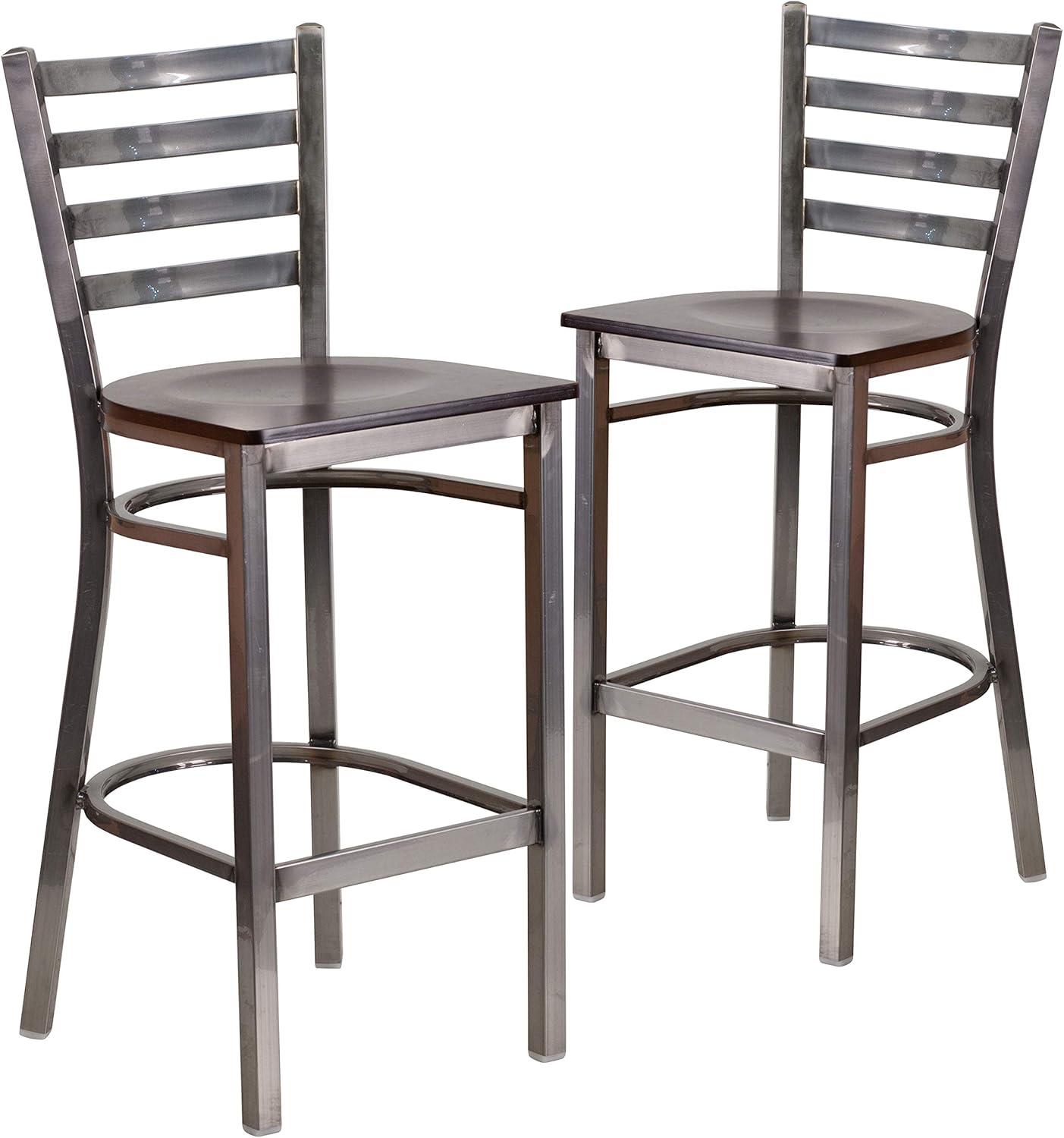 image:imageFlash Furniture 2 Pack HERCULES Series Silver Antique Finish with Clear Coat Ladder Back Metal Restaurant Barstool Walnut Wood SeatWalnut Wood SeatClear Coated Metal Frame