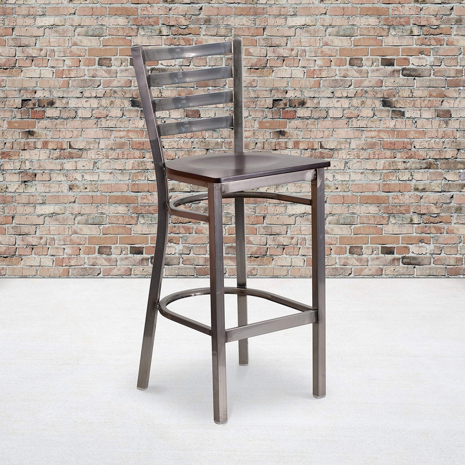 image:imageFlash Furniture 2 Pack HERCULES Series Silver Antique Finish with Clear Coat Ladder Back Metal Restaurant Barstool Walnut Wood SeatWalnut Wood SeatClear Coated Metal Frame