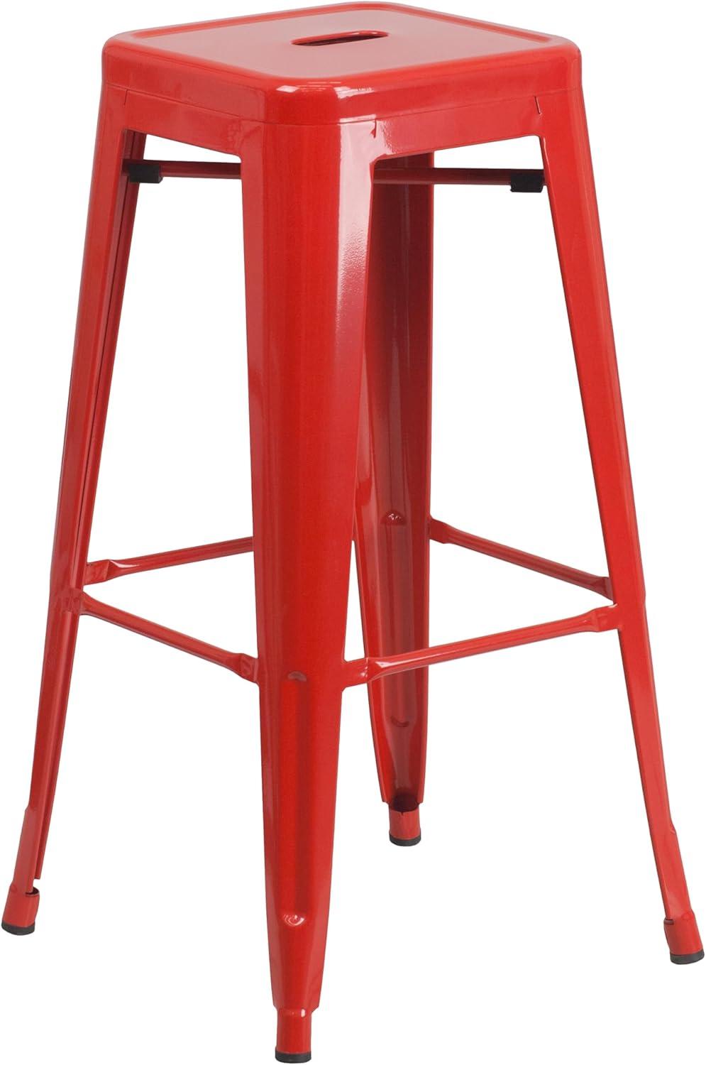 image:imageFlash Furniture Commercial Grade 30 Round Black Metal IndoorOutdoor Bar Table Set with 4 Square Seat Backless StoolsRed