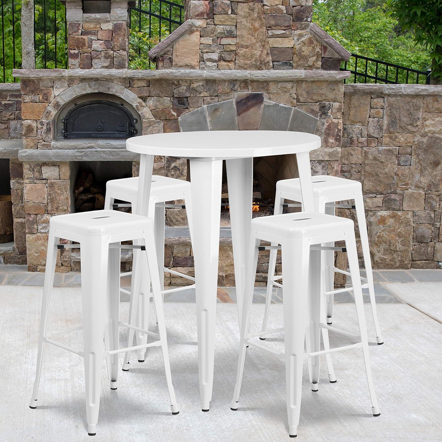 image:imageFlash Furniture Commercial Grade 30 Round Black Metal IndoorOutdoor Bar Table Set with 4 Square Seat Backless StoolsWhite
