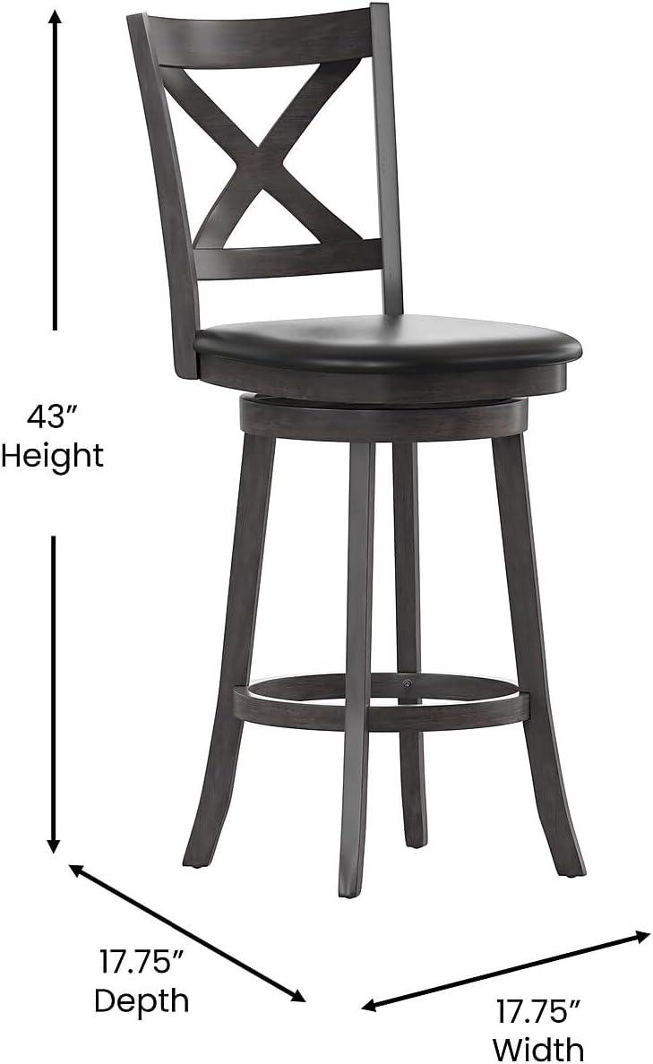 image:imageFlash Furniture Felicity Commercial Classic Crossback Barstool Gray Walnut Wash Wood Frame Black LeatherSoft Seat Bar Height 360 Swivel Seat FootrestBlack VinylGray Wash Walnut Frame