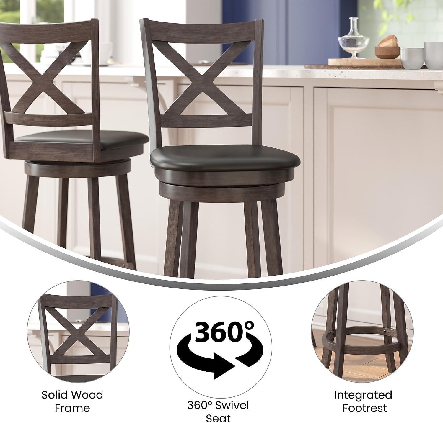 image:imageFlash Furniture Felicity Commercial Classic Crossback Barstool Gray Walnut Wash Wood Frame Black LeatherSoft Seat Bar Height 360 Swivel Seat FootrestBlack VinylGray Wash Walnut Frame