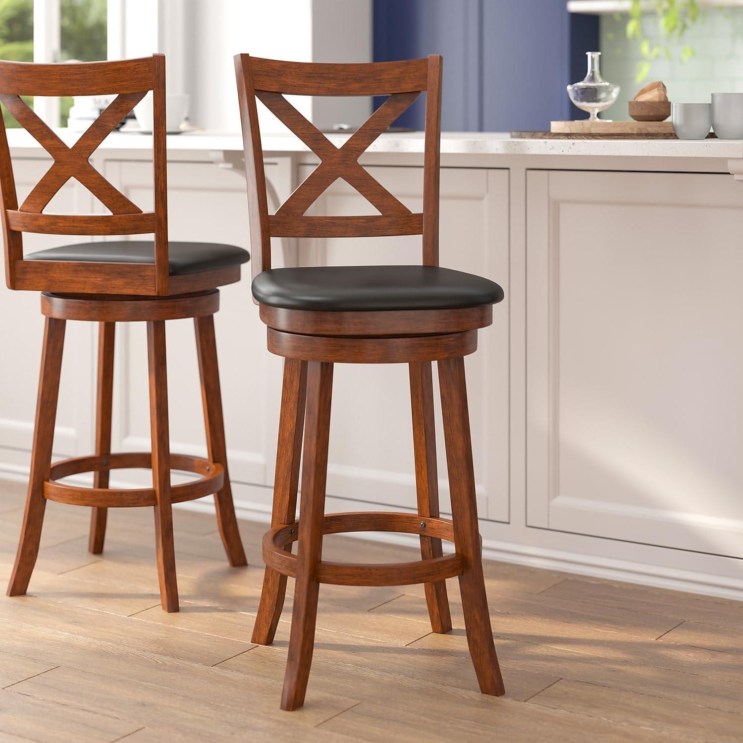 image:imageFlash Furniture Felicity Commercial Classic Crossback Barstool Gray Walnut Wash Wood Frame Black LeatherSoft Seat Bar Height 360 Swivel Seat FootrestBlack VinylAntique Oak Frame