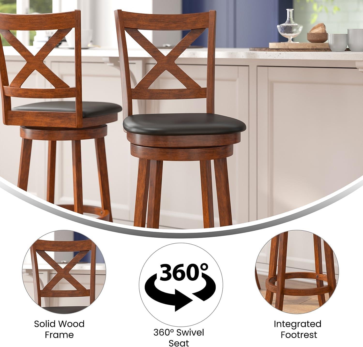 image:imageFlash Furniture Felicity Commercial Classic Crossback Barstool Gray Walnut Wash Wood Frame Black LeatherSoft Seat Bar Height 360 Swivel Seat FootrestBlack VinylAntique Oak Frame