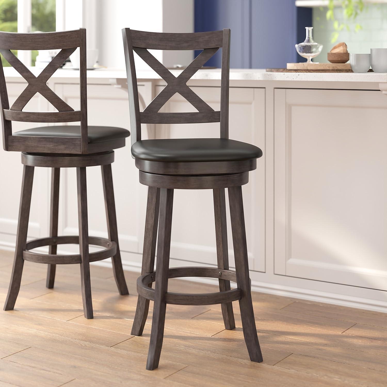 image:imageFlash Furniture Felicity Commercial Classic Crossback Barstool Gray Walnut Wash Wood Frame Black LeatherSoft Seat Bar Height 360 Swivel Seat FootrestBlack VinylGray Wash Walnut Frame