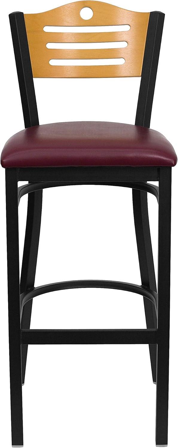 image:imageFlash Furniture HERCULES Series Black Slat Back Metal Restaurant Barstool Natural Wood Back Burgundy Vinyl SeatNatural Wood BackBurgundy Vinyl SeatBlack Metal Frame