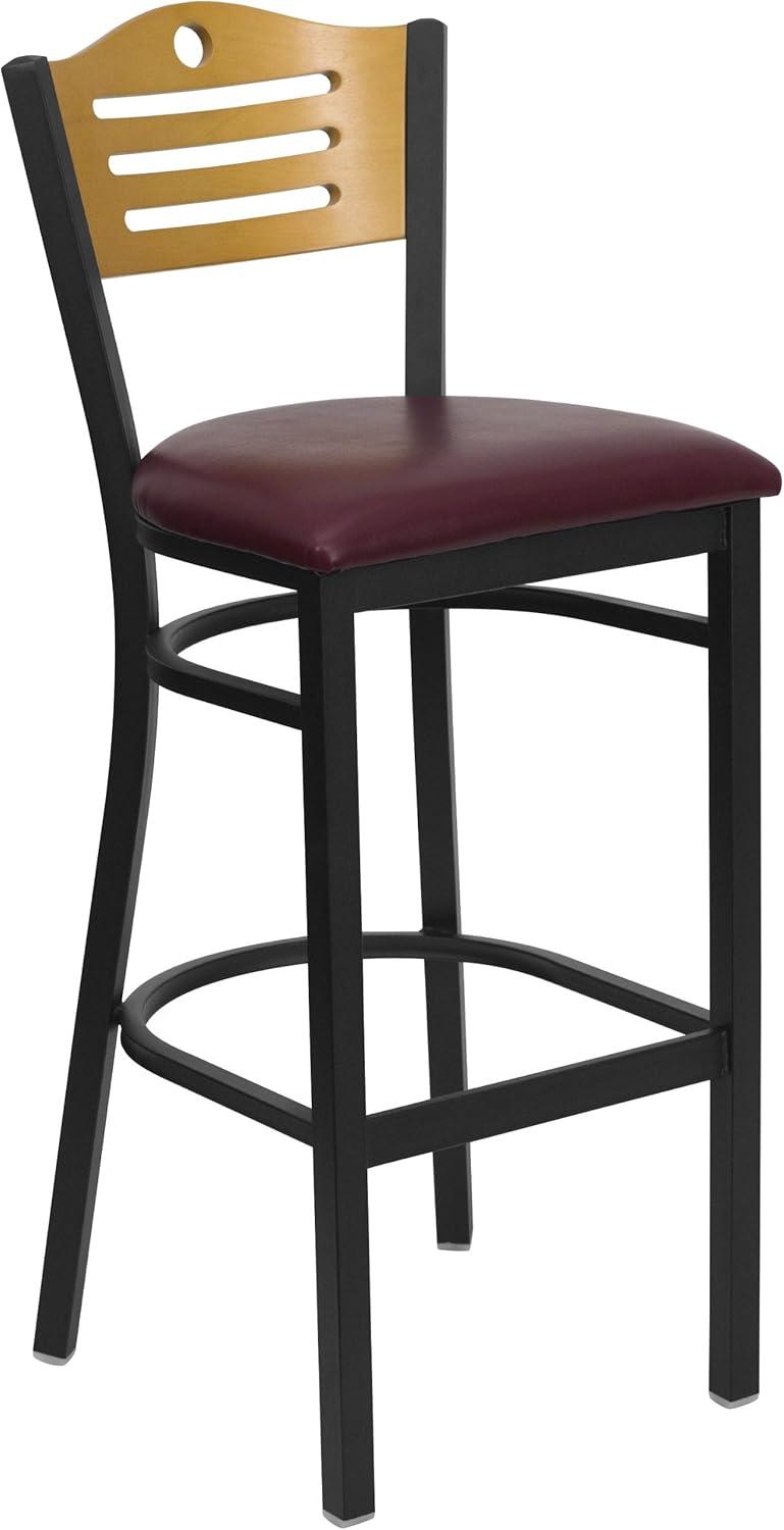 image:imageFlash Furniture HERCULES Series Black Slat Back Metal Restaurant Barstool Natural Wood Back Burgundy Vinyl SeatNatural Wood BackBurgundy Vinyl SeatBlack Metal Frame