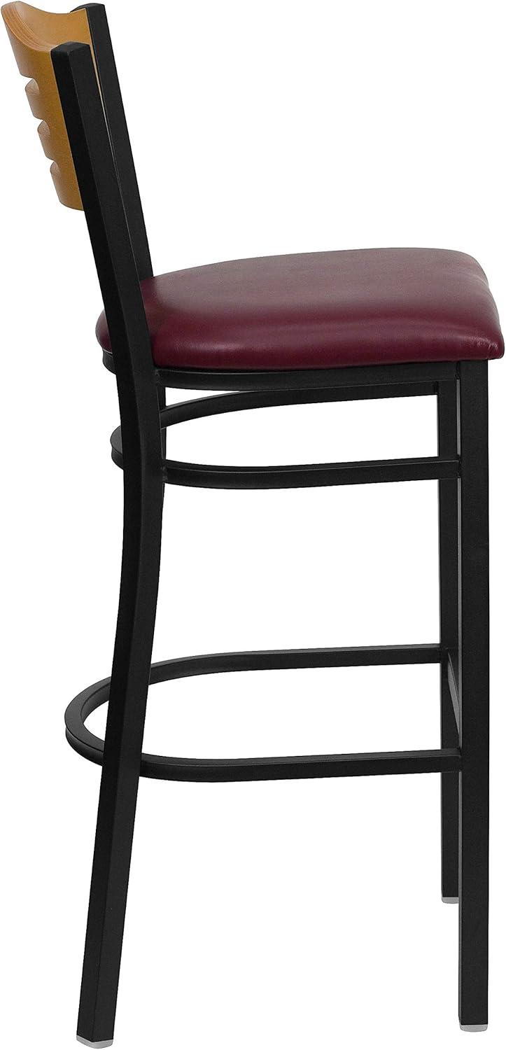 image:imageFlash Furniture HERCULES Series Black Slat Back Metal Restaurant Barstool Natural Wood Back Burgundy Vinyl SeatNatural Wood BackBurgundy Vinyl SeatBlack Metal Frame