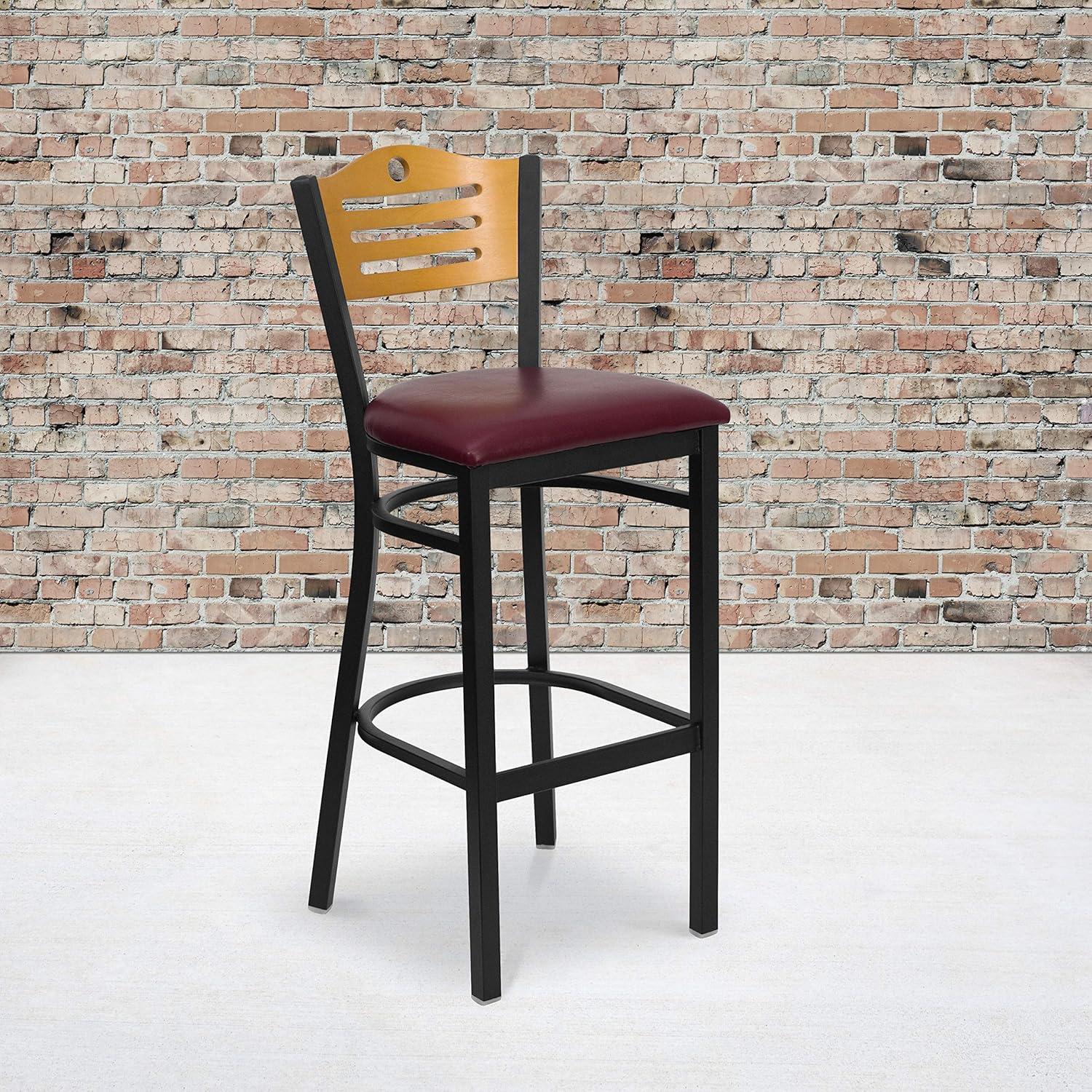 image:imageFlash Furniture HERCULES Series Black Slat Back Metal Restaurant Barstool Natural Wood Back Burgundy Vinyl SeatNatural Wood BackBurgundy Vinyl SeatBlack Metal Frame