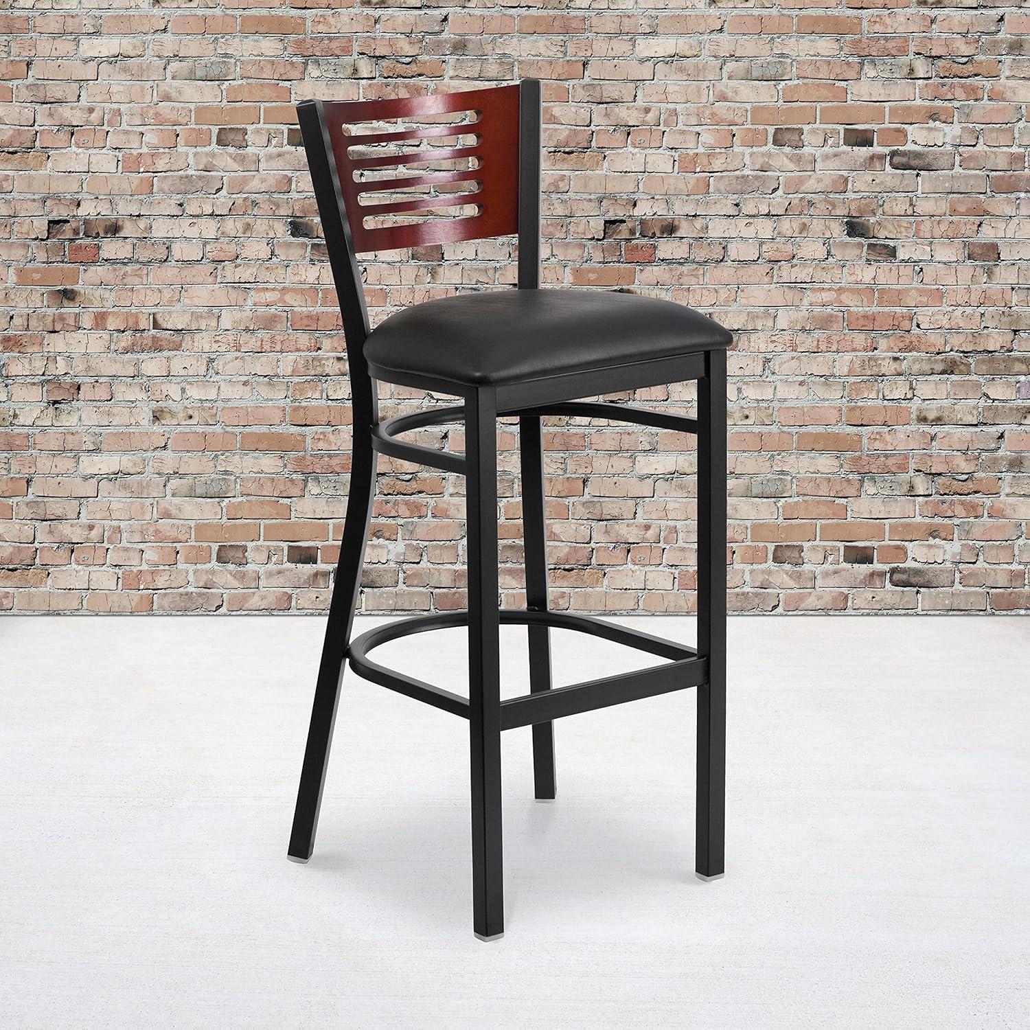 image:imageFlash Furniture HERCULES Series Black Slat Back Metal Restaurant Barstool Walnut Wood Back amp Seat Pack of 1Mahogany Wood BackBlack Vinyl SeatBlack Metal Frame