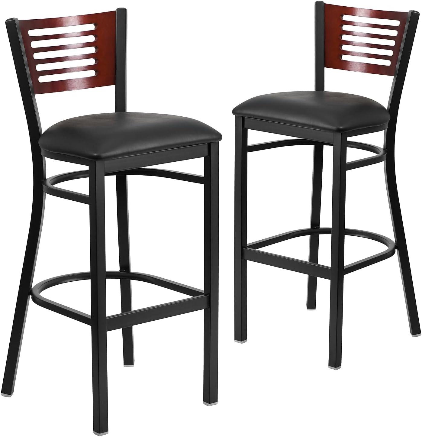 image:imageFlash Furniture HERCULES Series Black Slat Back Metal Restaurant Barstool Walnut Wood Back amp Seat Pack of 1Mahogany Wood BackBlack Vinyl SeatBlack Metal Frame