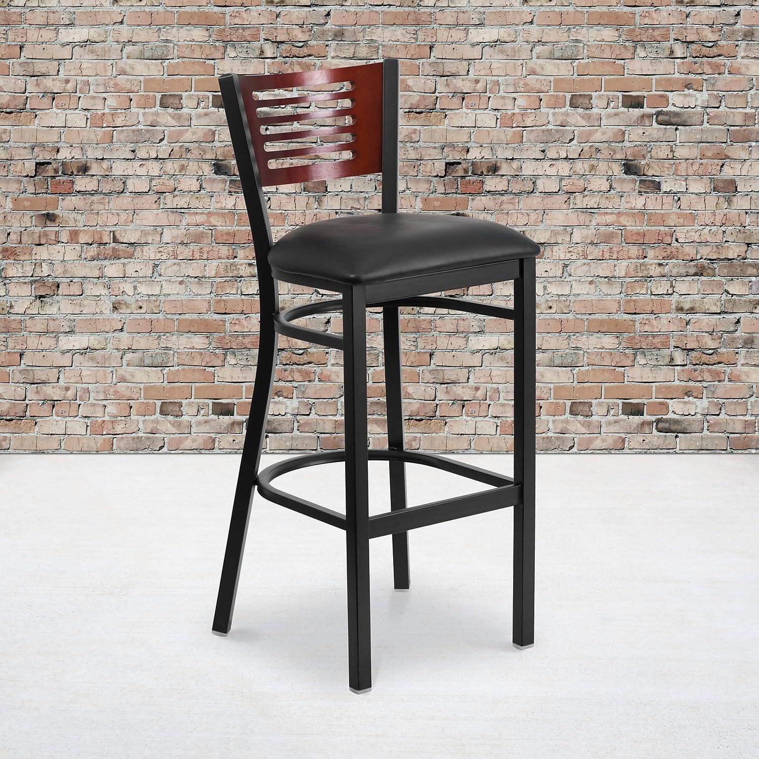 image:imageFlash Furniture HERCULES Series Black Slat Back Metal Restaurant Barstool Walnut Wood Back amp Seat Pack of 1Mahogany Wood BackBlack Vinyl SeatBlack Metal Frame