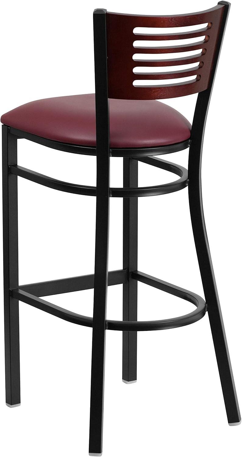 image:imageFlash Furniture HERCULES Series Black Slat Back Metal Restaurant Barstool Walnut Wood Back amp Seat Pack of 1Mahogany Wood BackBurgundy Vinyl SeatBlack Metal Frame
