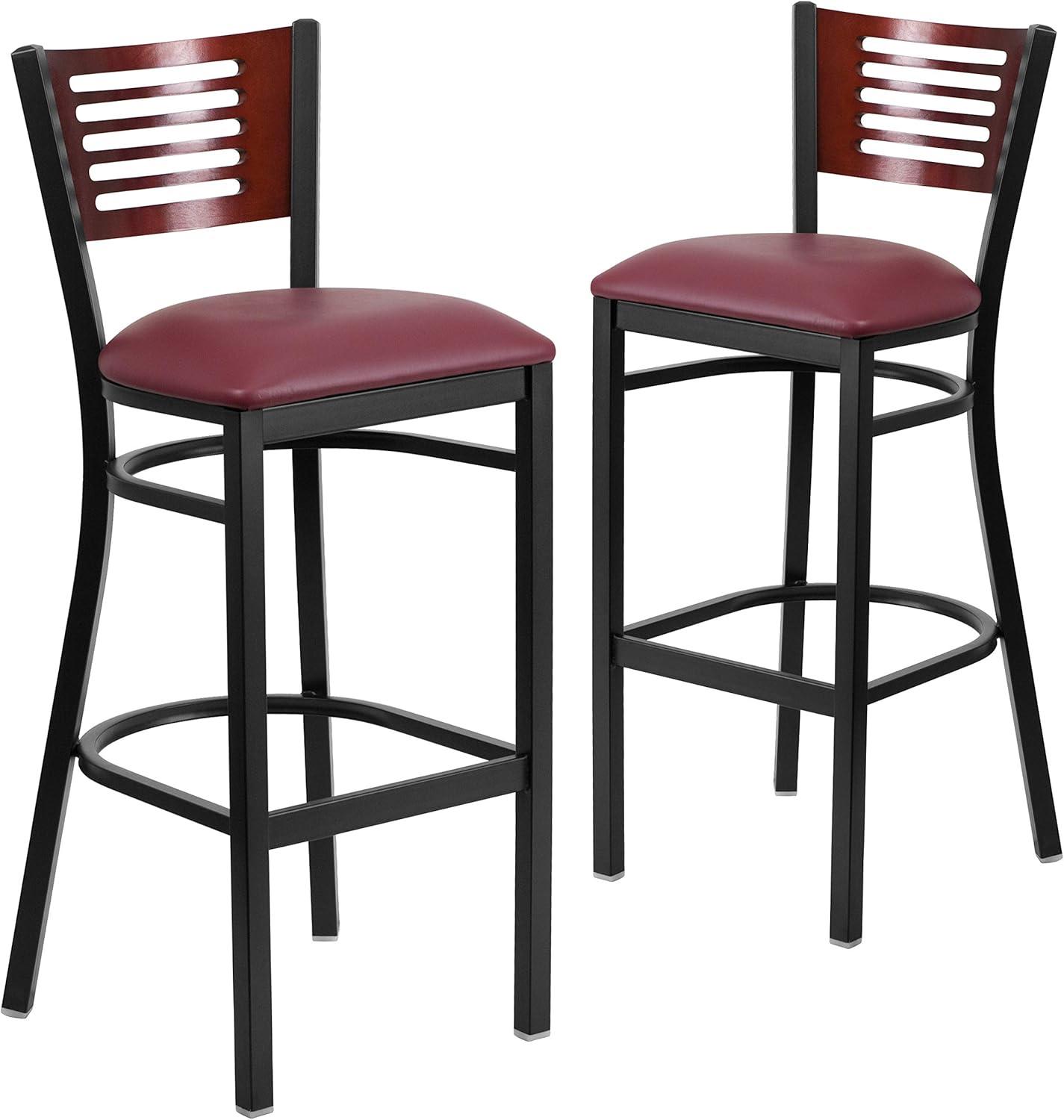 image:imageFlash Furniture HERCULES Series Black Slat Back Metal Restaurant Barstool Walnut Wood Back amp Seat Pack of 1Mahogany Wood BackBurgundy Vinyl SeatBlack Metal Frame