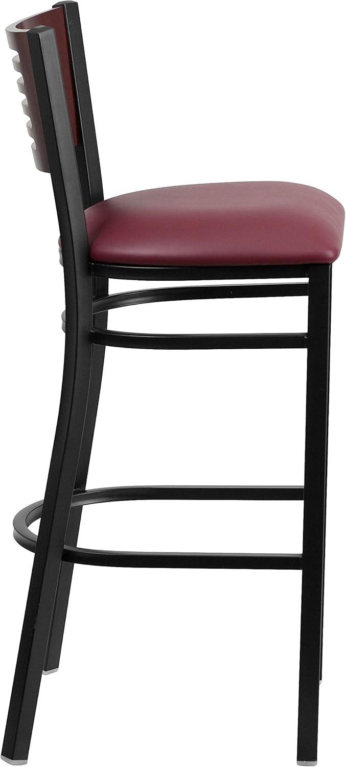 image:imageFlash Furniture HERCULES Series Black Slat Back Metal Restaurant Barstool Walnut Wood Back amp Seat Pack of 1Mahogany Wood BackBurgundy Vinyl SeatBlack Metal Frame