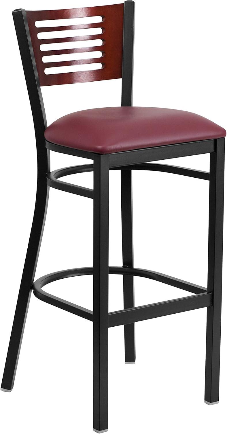 image:imageFlash Furniture HERCULES Series Black Slat Back Metal Restaurant Barstool Walnut Wood Back amp Seat Pack of 1Mahogany Wood BackBurgundy Vinyl SeatBlack Metal Frame