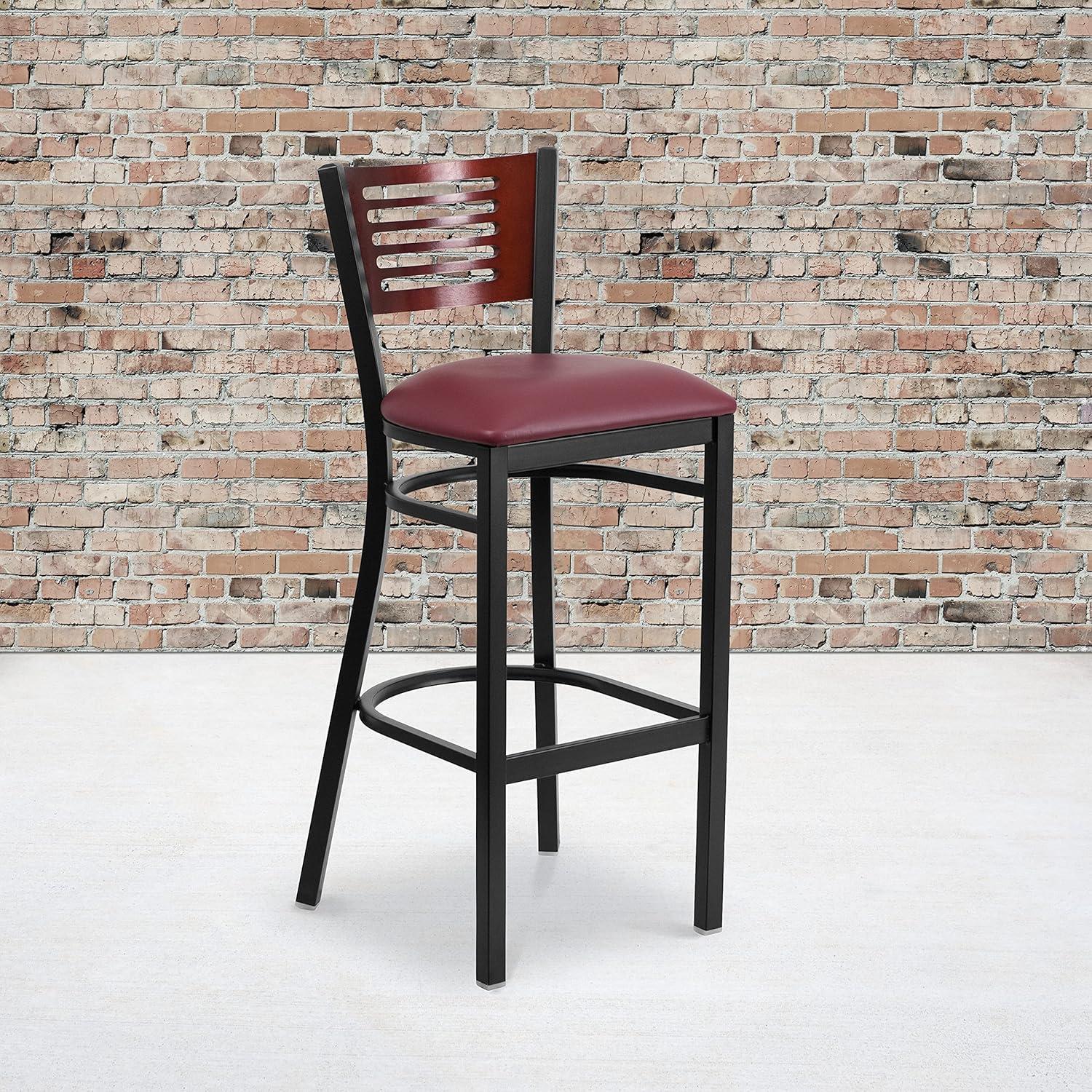 image:imageFlash Furniture HERCULES Series Black Slat Back Metal Restaurant Barstool Walnut Wood Back amp Seat Pack of 1Mahogany Wood BackBurgundy Vinyl SeatBlack Metal Frame