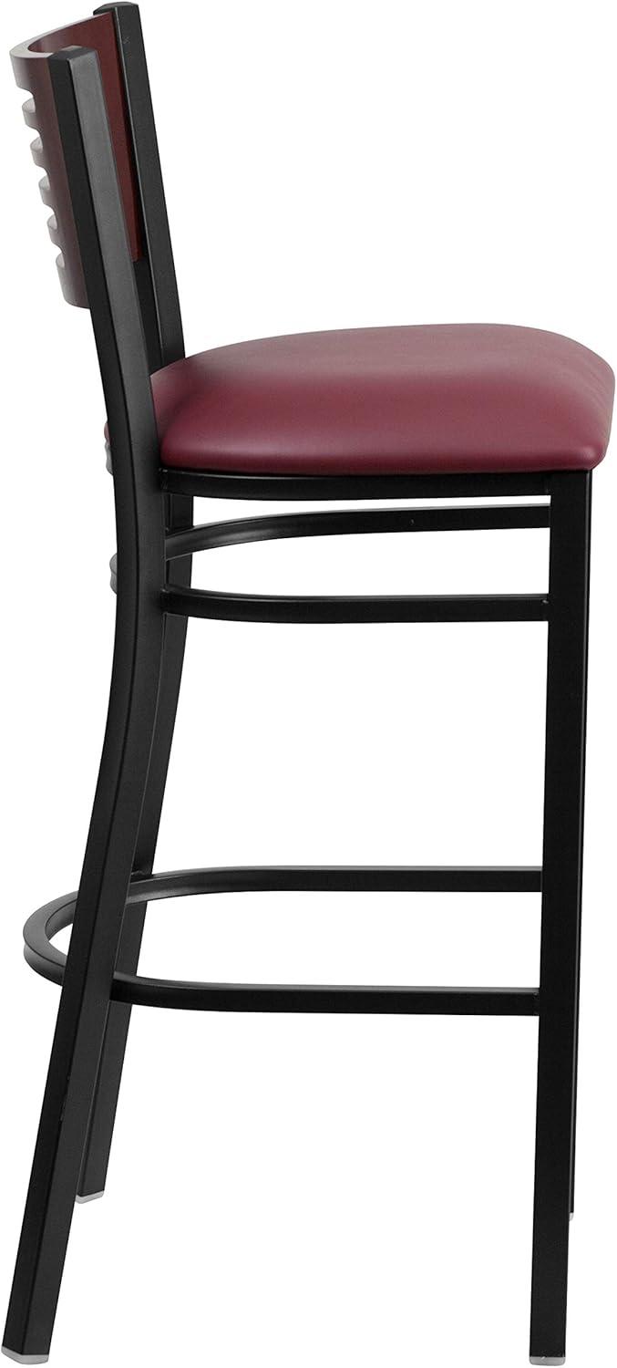 image:imageFlash Furniture HERCULES Series Black Slat Back Metal Restaurant Barstool Walnut Wood Back amp Seat Pack of 1Mahogany Wood BackBurgundy Vinyl SeatBlack Metal Frame