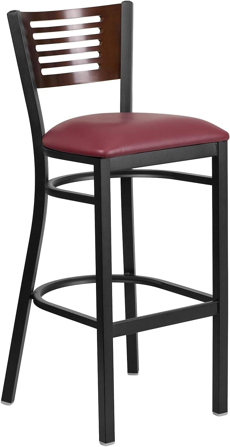 image:imageFlash Furniture HERCULES Series Black Slat Back Metal Restaurant Barstool Walnut Wood Back amp Seat Pack of 1Walnut Wood BackBurgundy Vinyl SeatBlack Metal Frame