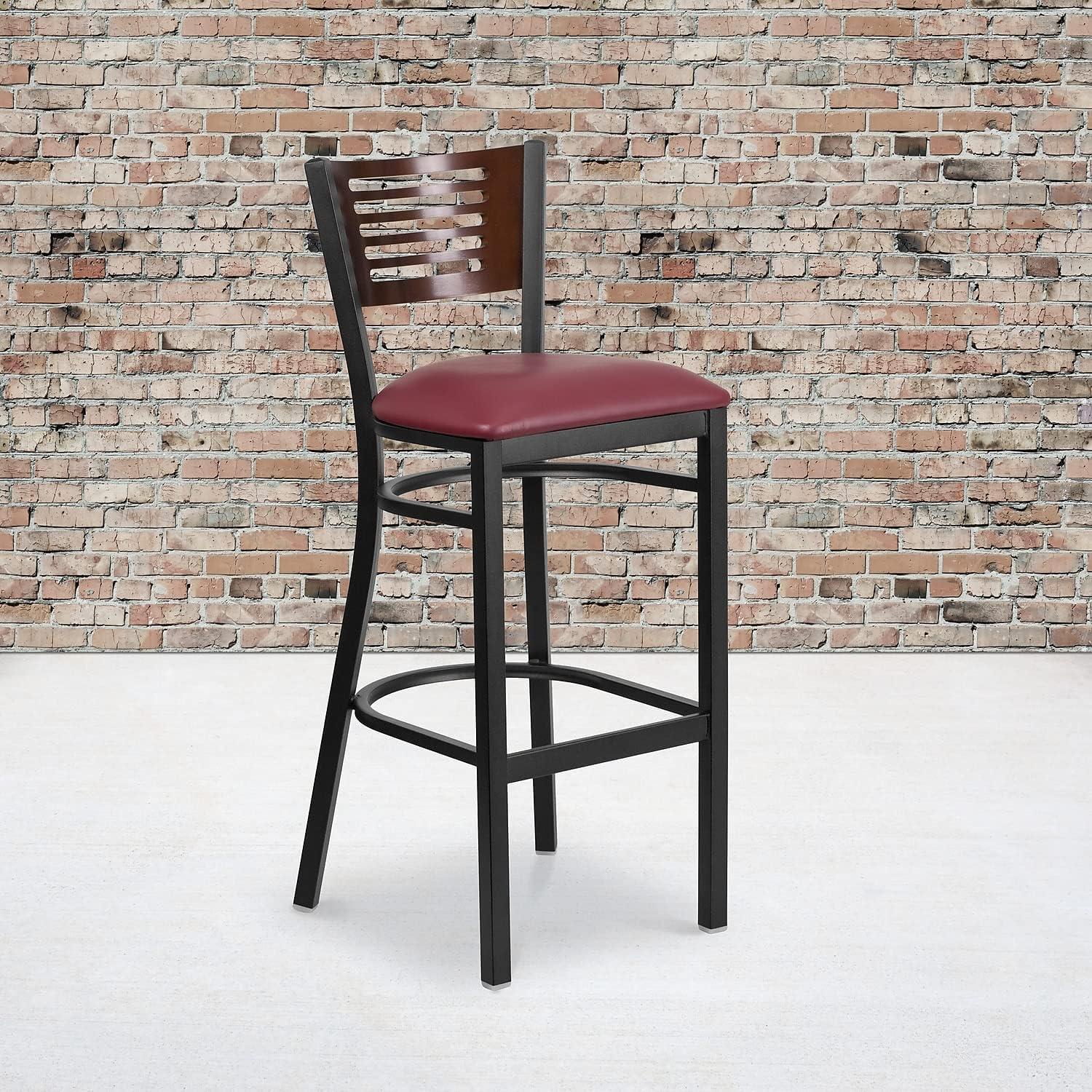 image:imageFlash Furniture HERCULES Series Black Slat Back Metal Restaurant Barstool Walnut Wood Back amp Seat Pack of 1Walnut Wood BackBurgundy Vinyl SeatBlack Metal Frame