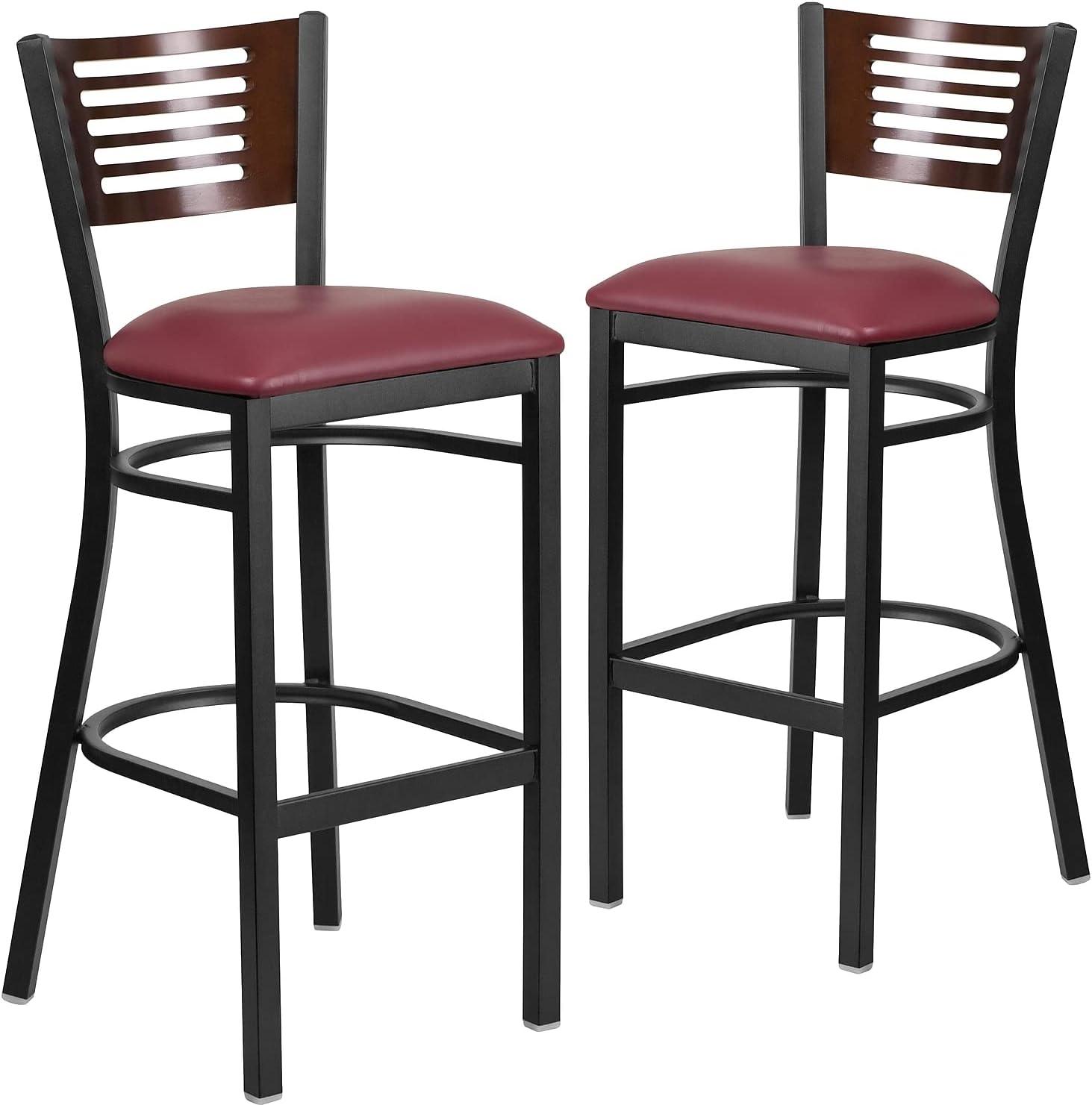 image:imageFlash Furniture HERCULES Series Black Slat Back Metal Restaurant Barstool Walnut Wood Back amp Seat Pack of 1Walnut Wood BackBurgundy Vinyl SeatBlack Metal Frame