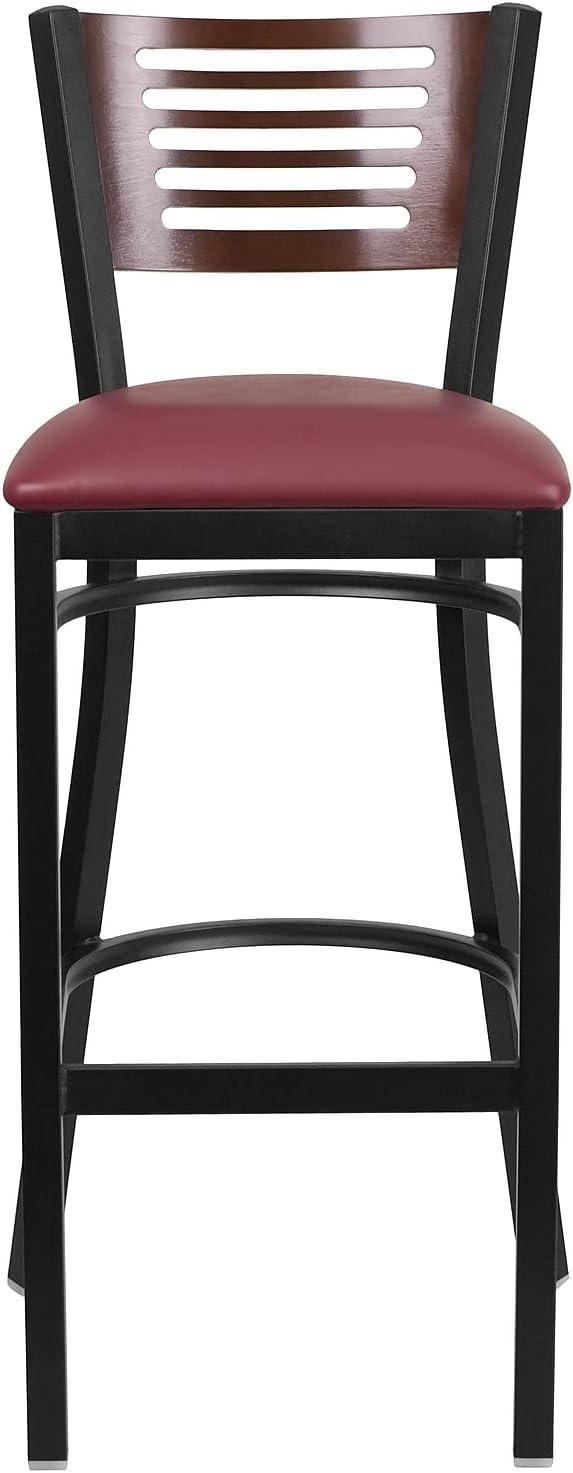 image:imageFlash Furniture HERCULES Series Black Slat Back Metal Restaurant Barstool Walnut Wood Back amp Seat Pack of 1Walnut Wood BackBurgundy Vinyl SeatBlack Metal Frame