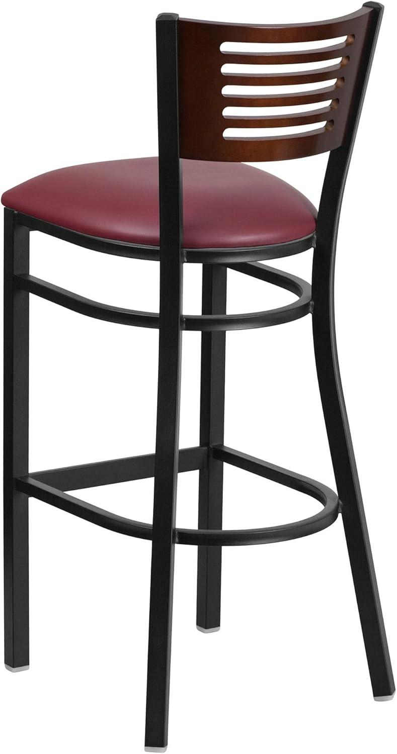 image:imageFlash Furniture HERCULES Series Black Slat Back Metal Restaurant Barstool Walnut Wood Back amp Seat Pack of 1Walnut Wood BackBurgundy Vinyl SeatBlack Metal Frame
