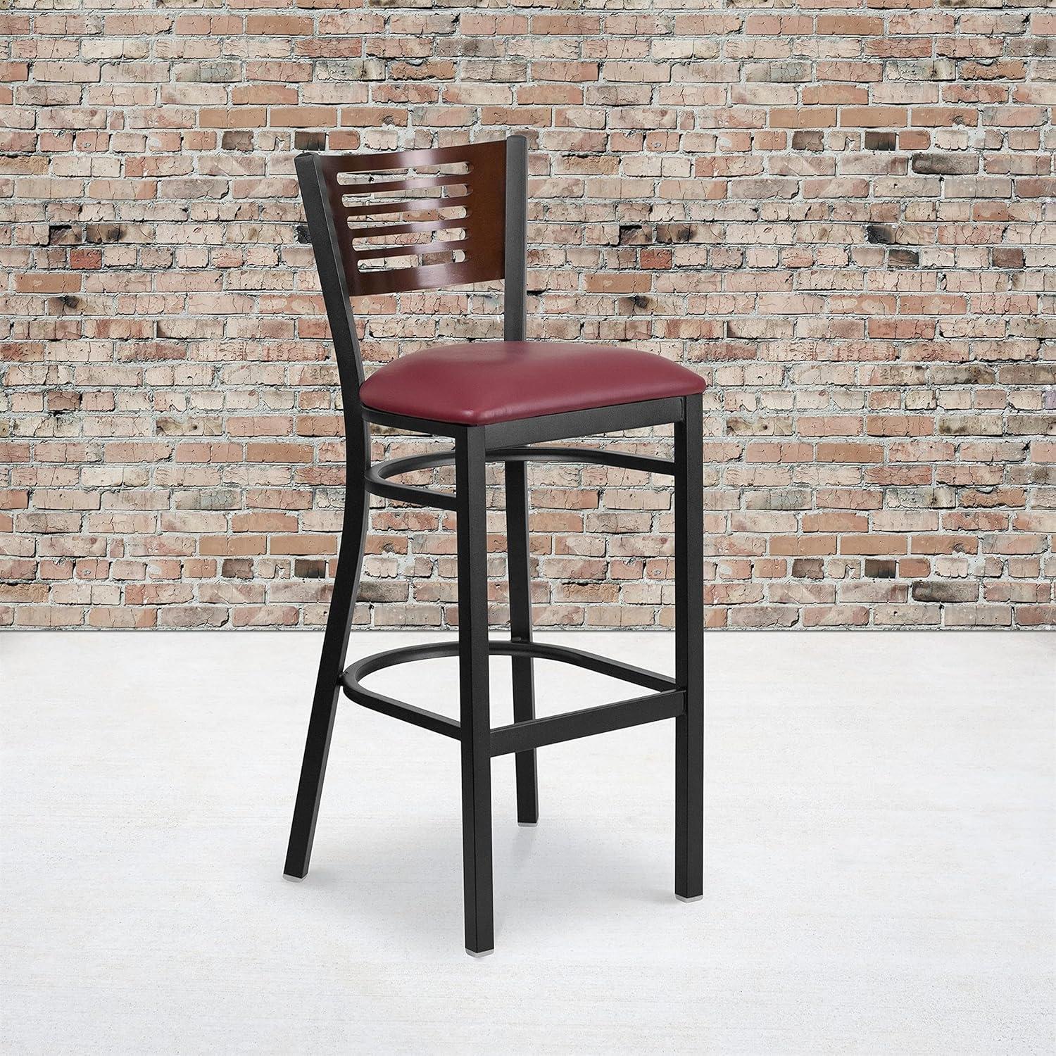 image:imageFlash Furniture HERCULES Series Black Slat Back Metal Restaurant Barstool Walnut Wood Back amp Seat Pack of 1Walnut Wood BackBurgundy Vinyl SeatBlack Metal Frame