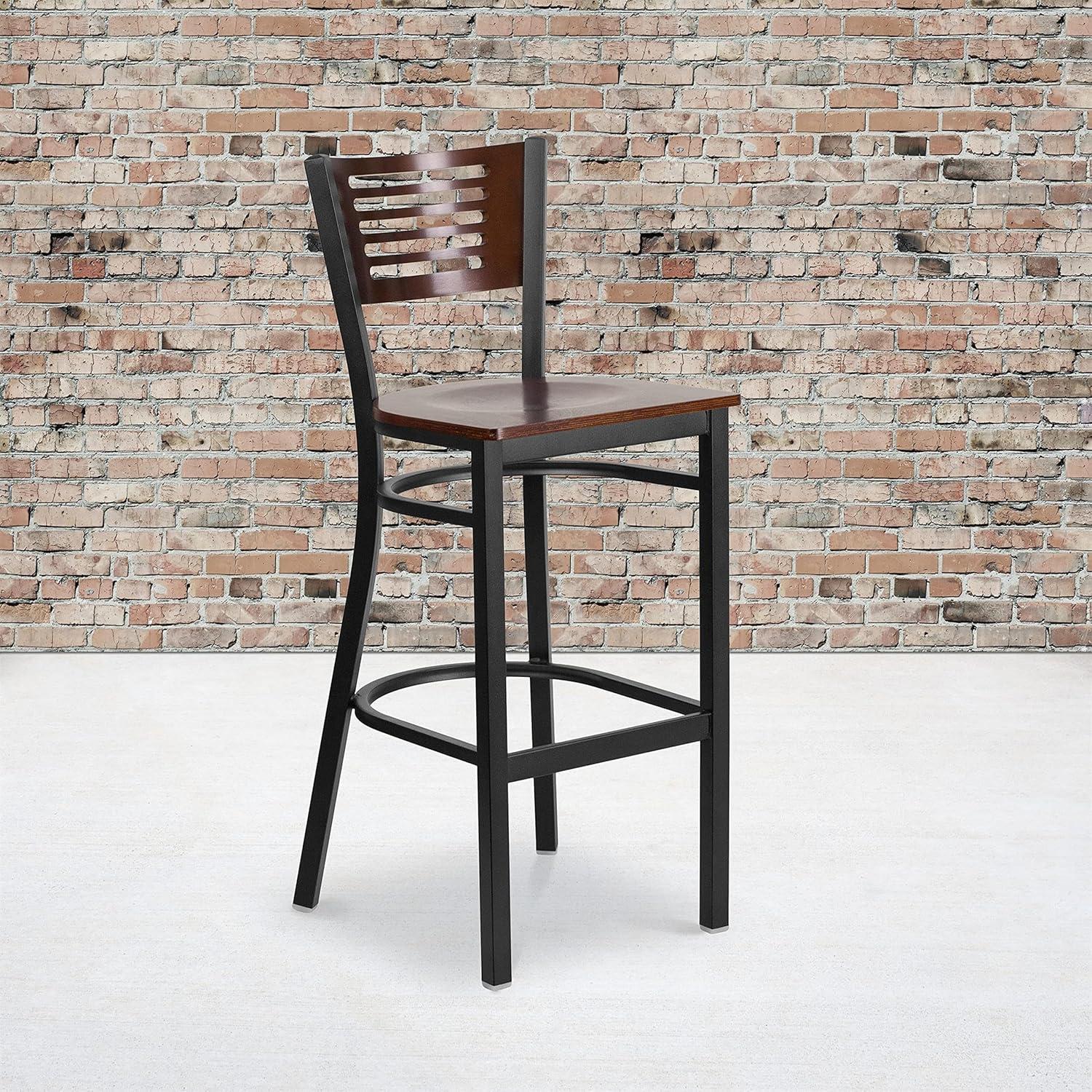 image:imageFlash Furniture HERCULES Series Black Slat Back Metal Restaurant Barstool Walnut Wood Back amp Seat Pack of 1Walnut Wood BackWalnut Wood SeatBlack Metal Frame