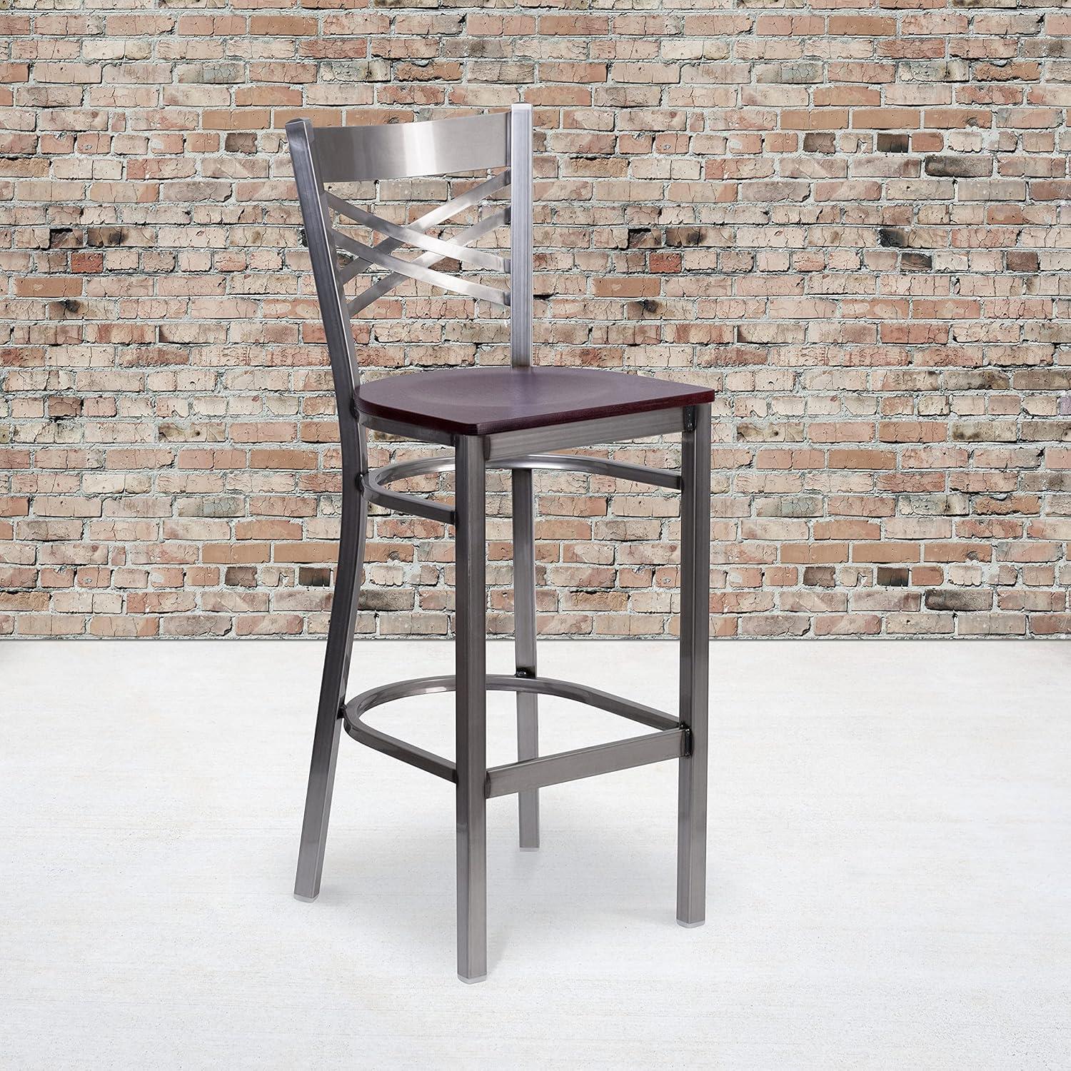 image:imageFlash Furniture HERCULES Series Clear Coated X Back Metal Restaurant Barstool Black Vinyl SeatMahogany Wood SeatClear Coated Metal Frame