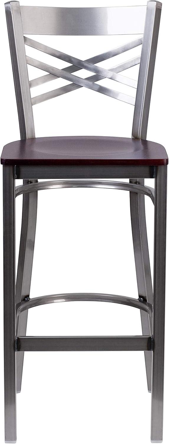 image:imageFlash Furniture HERCULES Series Clear Coated X Back Metal Restaurant Barstool Black Vinyl SeatMahogany Wood SeatClear Coated Metal Frame