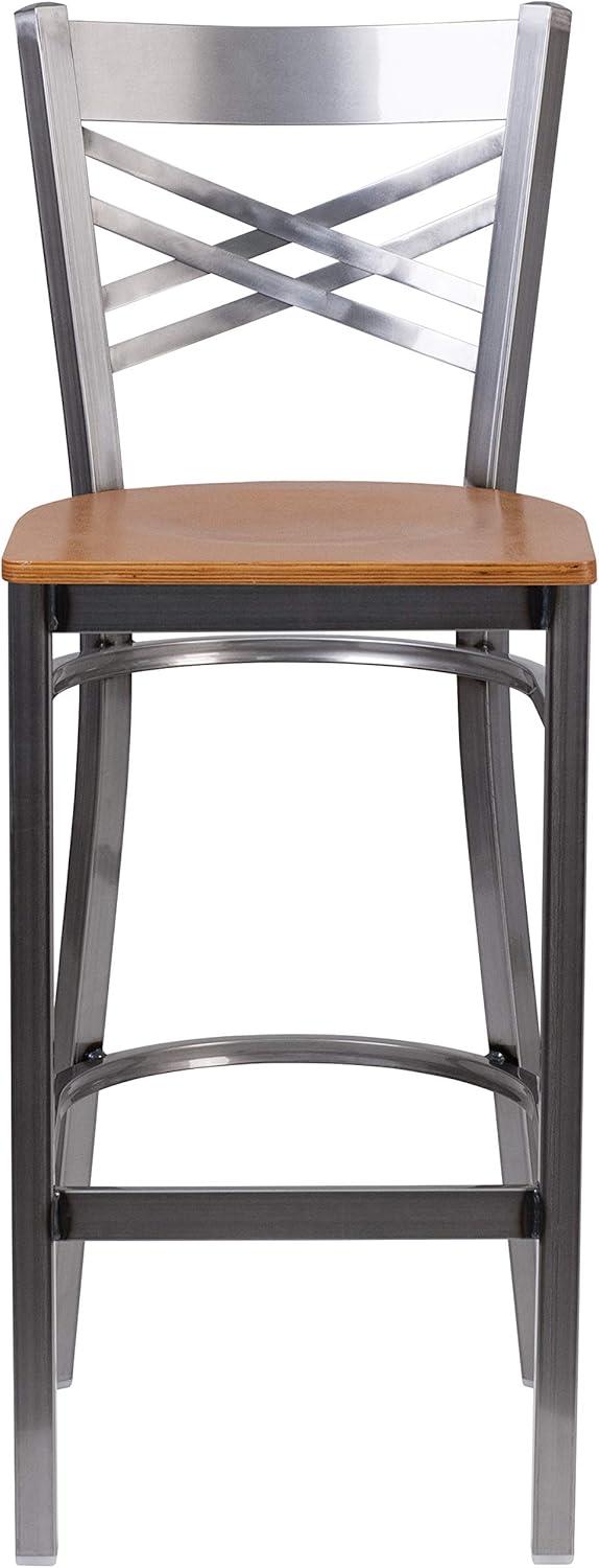 image:imageFlash Furniture HERCULES Series Clear Coated X Back Metal Restaurant Barstool Black Vinyl SeatNatural Wood SeatClear Coated Metal Frame