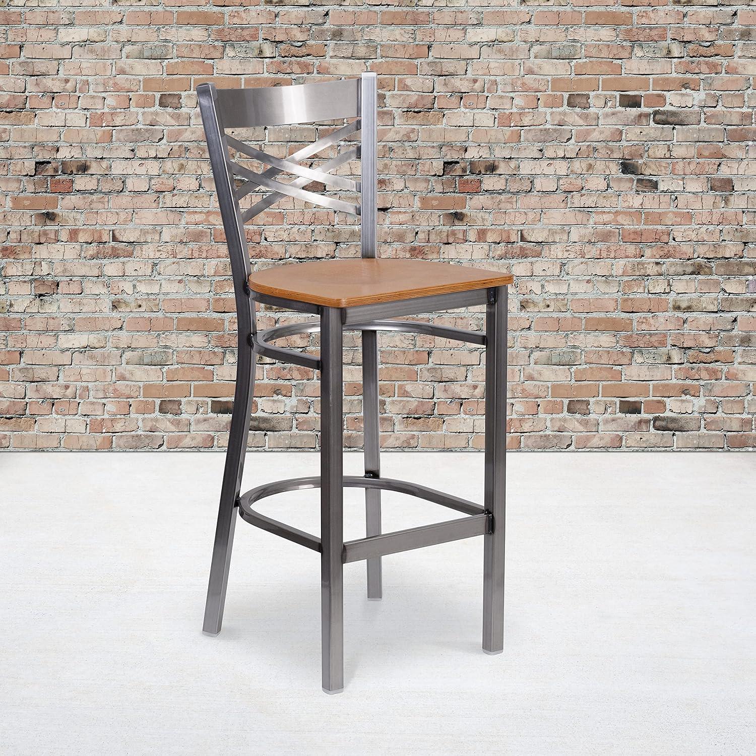 image:imageFlash Furniture HERCULES Series Clear Coated X Back Metal Restaurant Barstool Black Vinyl SeatNatural Wood SeatClear Coated Metal Frame