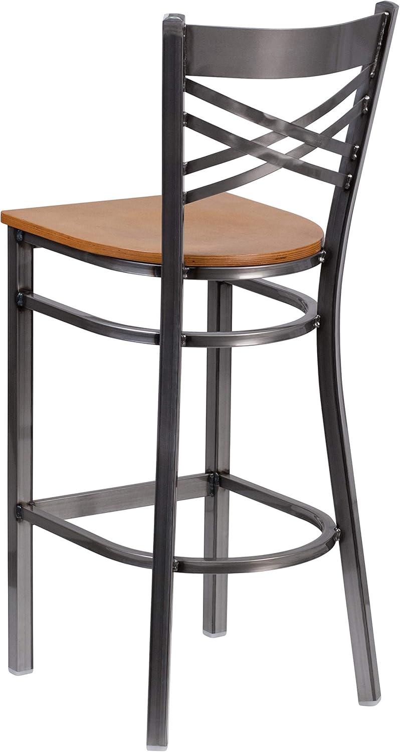 image:imageFlash Furniture HERCULES Series Clear Coated X Back Metal Restaurant Barstool Black Vinyl SeatNatural Wood SeatClear Coated Metal Frame