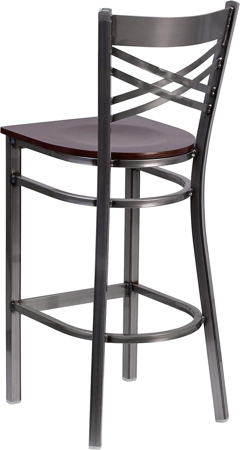image:imageFlash Furniture HERCULES Series Clear Coated X Back Metal Restaurant Barstool Black Vinyl SeatWalnut Wood SeatClear Coated Metal Frame