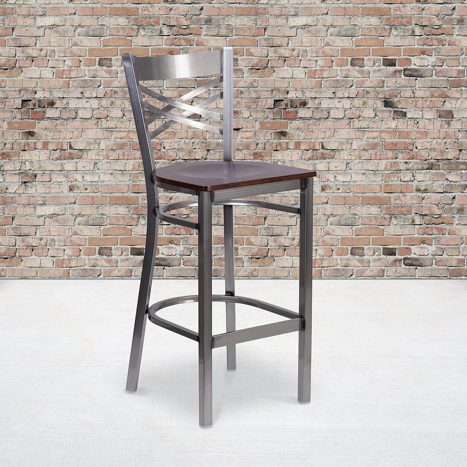 image:imageFlash Furniture HERCULES Series Clear Coated X Back Metal Restaurant Barstool Black Vinyl SeatWalnut Wood SeatClear Coated Metal Frame