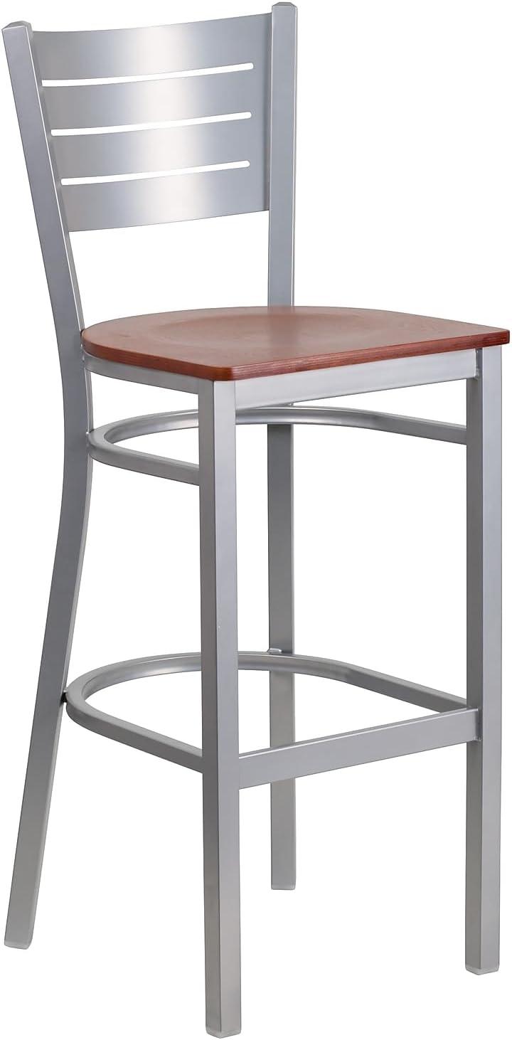image:imageFlash Furniture HERCULES Series Silver Slat Back Metal Restaurant Barstool Black Vinyl SeatCherry Wood SeatSilver Frame