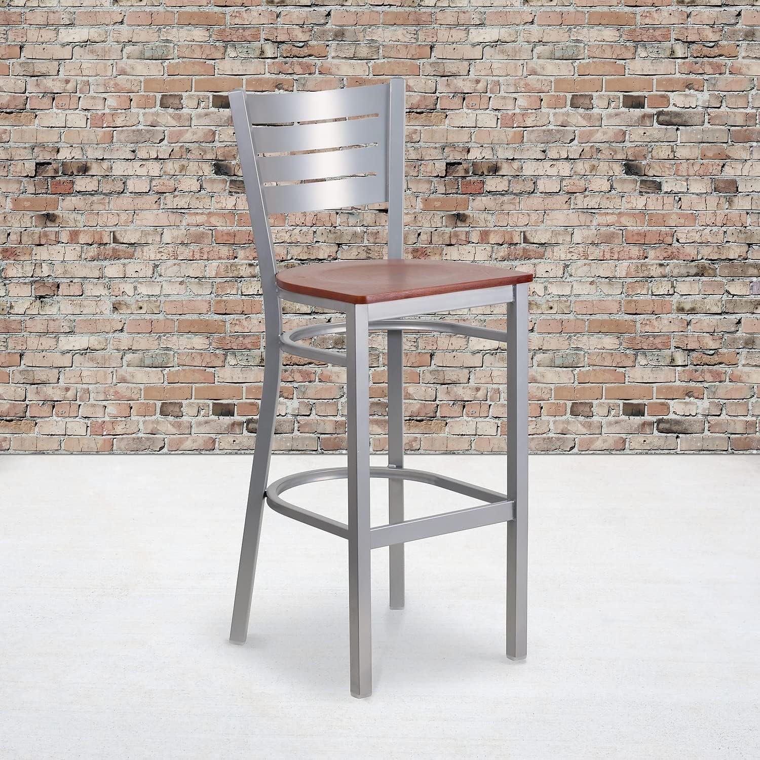 image:imageFlash Furniture HERCULES Series Silver Slat Back Metal Restaurant Barstool Black Vinyl SeatCherry Wood SeatSilver Frame