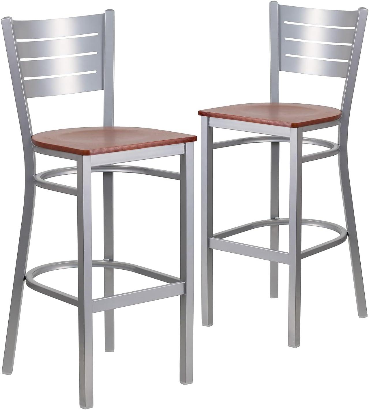image:imageFlash Furniture HERCULES Series Silver Slat Back Metal Restaurant Barstool Black Vinyl SeatCherry Wood SeatSilver Frame