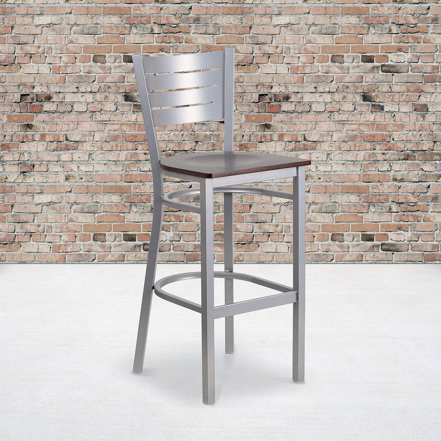 image:imageFlash Furniture HERCULES Series Silver Slat Back Metal Restaurant Barstool Black Vinyl SeatWalnut Wood SeatSilver Frame