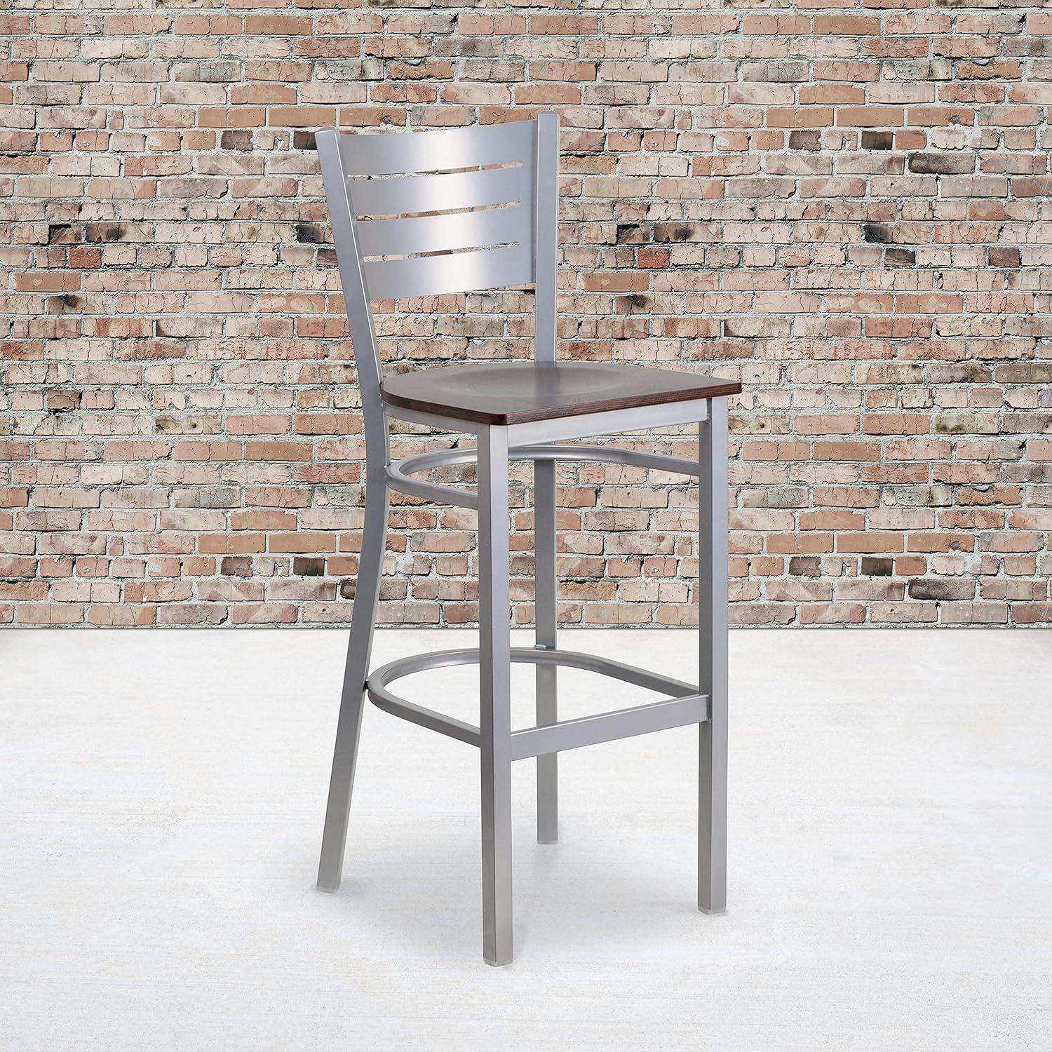 image:imageFlash Furniture HERCULES Series Silver Slat Back Metal Restaurant Barstool Black Vinyl SeatWalnut Wood SeatSilver Frame