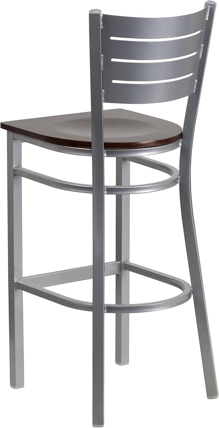 image:imageFlash Furniture HERCULES Series Silver Slat Back Metal Restaurant Barstool Black Vinyl SeatWalnut Wood SeatSilver Frame