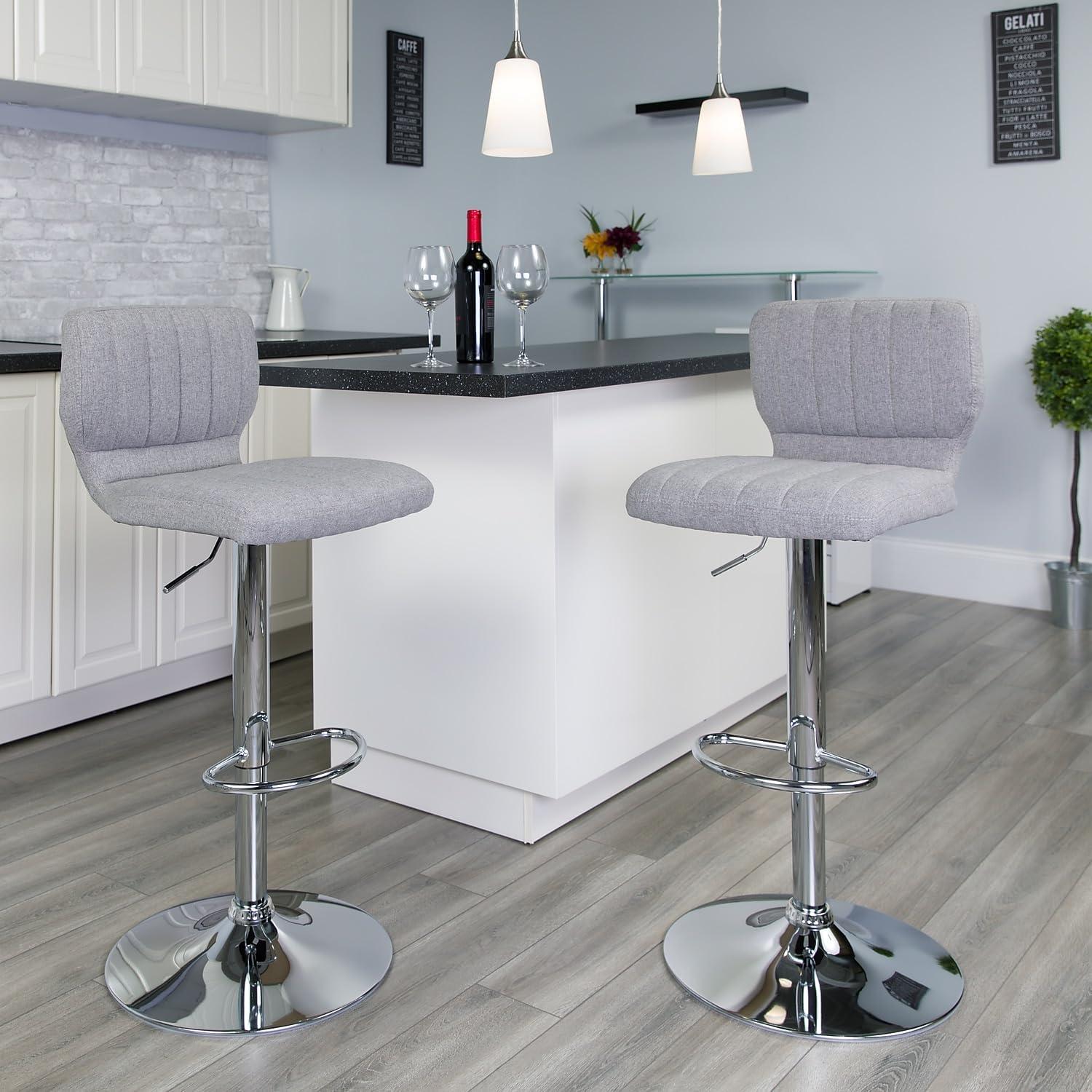 image:imageFlash Furniture Jeremy Contemporary White Vinyl Adjustable Height Barstool with Vertical Stitch Back and Chrome BaseGray Fabric