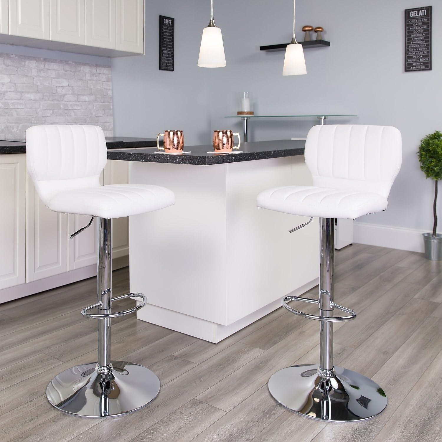 image:imageFlash Furniture Jeremy Contemporary White Vinyl Adjustable Height Barstool with Vertical Stitch Back and Chrome BaseWhite Vinyl