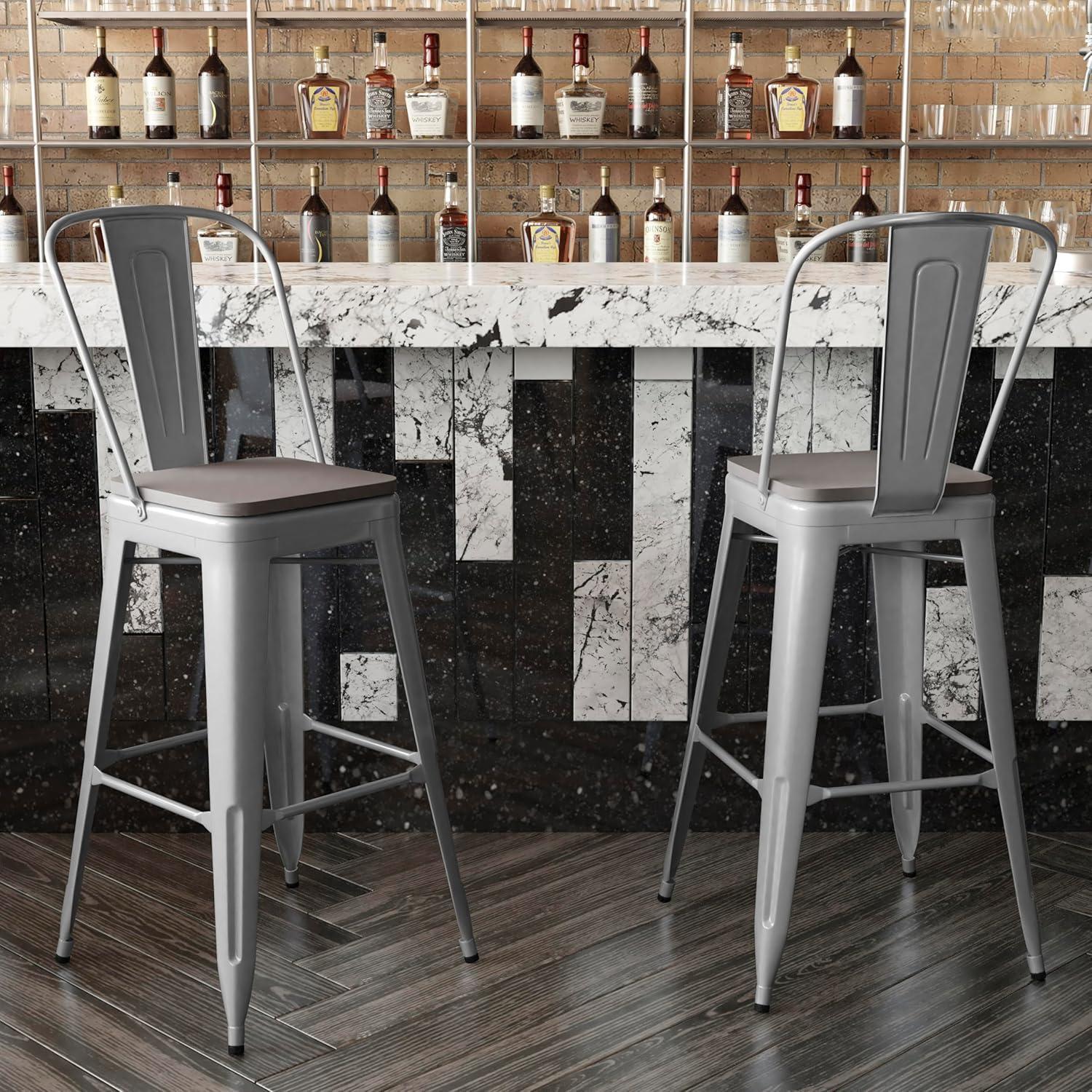 image:imageFlash Furniture Kai Commercial 30 High IndoorOutdoor Bar Height Stool White Galvanized Steel Frame Gray Square AllWeather Poly Resin Seat Removable BackSilverGray