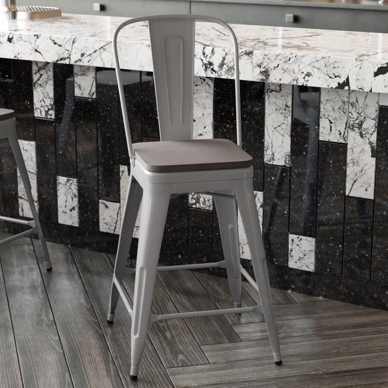 image:imageFlash Furniture Kai Commercial 30 High IndoorOutdoor Bar Height Stool White Galvanized Steel Frame Gray Square AllWeather Poly Resin Seat Removable BackSilverGray