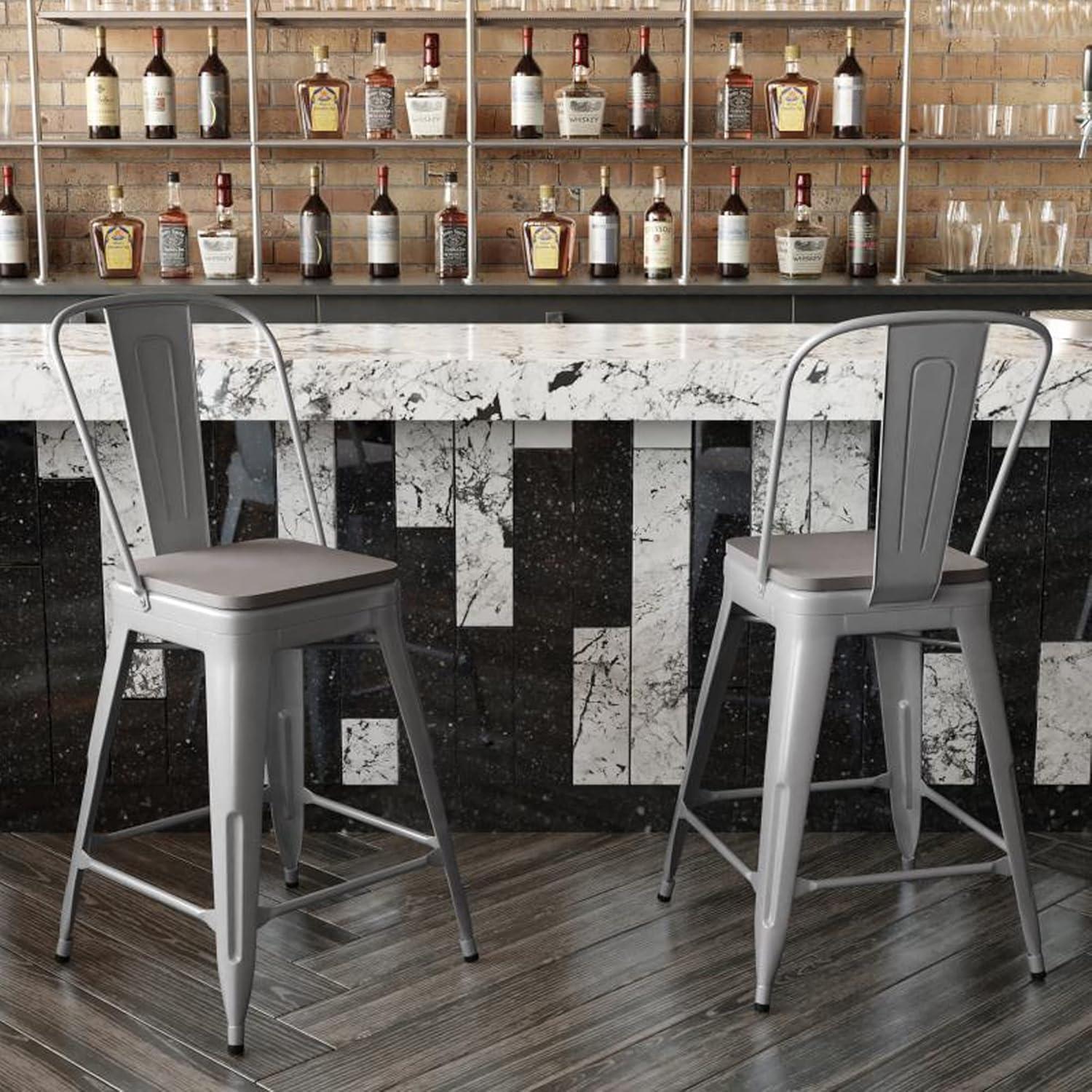 image:imageFlash Furniture Kai Commercial 30 High IndoorOutdoor Bar Height Stool White Galvanized Steel Frame Gray Square AllWeather Poly Resin Seat Removable BackSilverGray